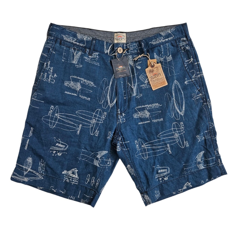 Faherty (Mens 32) PT Coastal 9" Shorts Linen Cotton‎ Blend Blue Surfboard Print